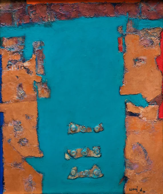 Umi Dachlan ~ Dialogue Of Two Vertical Fields On A Turquoise Green Background (Dialog Dua Bidang Vertical Dengan Latar Hijau Turquise) | GLOBAL AUCTION