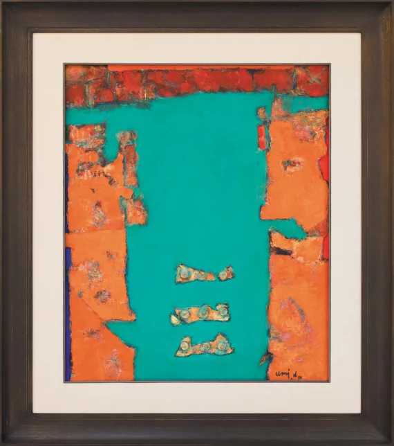 Umi Dachlan ~ Dialogue Of Two Vertical Fields On A Turquoise Green Background (Dialog Dua Bidang Vertical Dengan Latar Hijau Turquise) | GLOBAL AUCTION